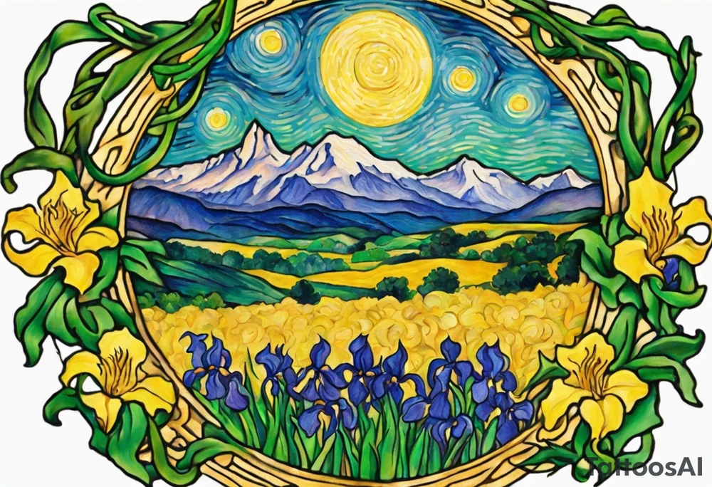 Create a small colorful Vincent van Gogh Irises tattoo in the form of a crescent, with vines or Celtic knots gracefully intertwining at a central point in the middle of the wreath.  In the middle of the wreath are mountains and other items found in New Mexico. Ensure that the design avoids the appearance of a bush and maintains a more structured and deliberate arrangement. The intended placement is on the upper chest. The overall design should be small in size while maintaining a delicate and artistic aesthetic. Pay attention to the graceful flow of the vines and the placement of the irises to achieve a refined and elegant look. tattoo idea