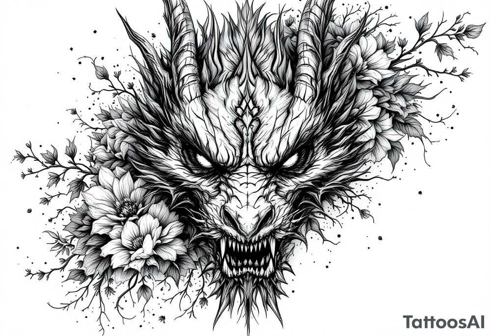 scary dragon face down with flowers tattoo idea