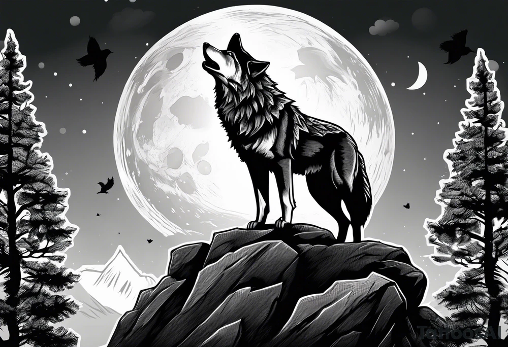 A wolf howling at the full moon on top of a rock surrounded by trees tattoo idea