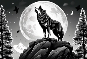 A wolf howling at the full moon on top of a rock surrounded by trees tattoo idea