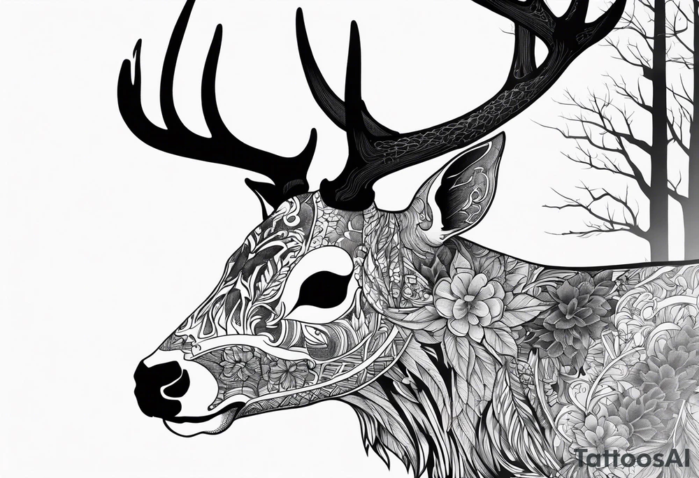 A side view of a dead deer skull surrounded by trees and fire tattoo idea