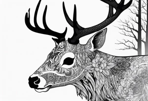 A side view of a dead deer skull surrounded by trees and fire tattoo idea
