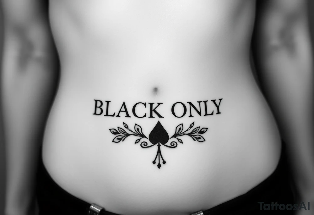 text reading "BLACK ONLY" across a womb tattoo decorated with spades tattoo idea