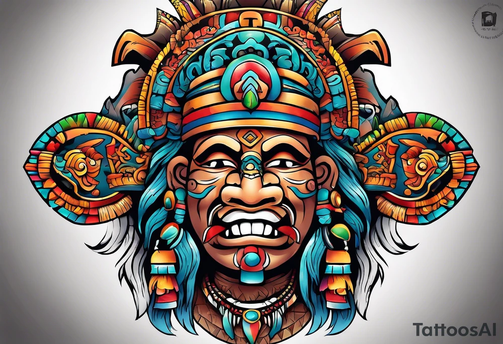 Colorful Mayan chaac with mouth as cave and water falling out tattoo idea