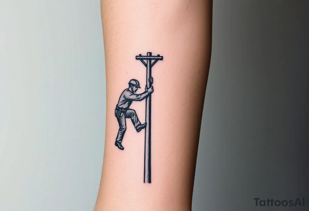 realistic tattoo of a power lineman climbing a wooden pole that fits on the inside of the forearm tattoo idea
