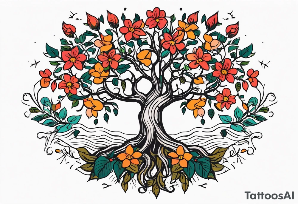 tree with roots 

old school vintage simple traditional design with vintage flowers surrounding
bold color simple tattoo idea
