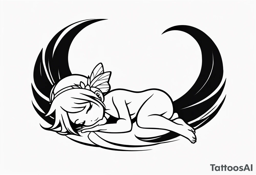 No color fairy with a tail inspired by the logo of the anime show called Fairy Tail in a fetal position leaning in and forward while sleeping tattoo idea