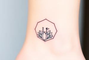 Faint Hexagon with astrological sign for Leo, larkspur and water lilies in the center tattoo idea