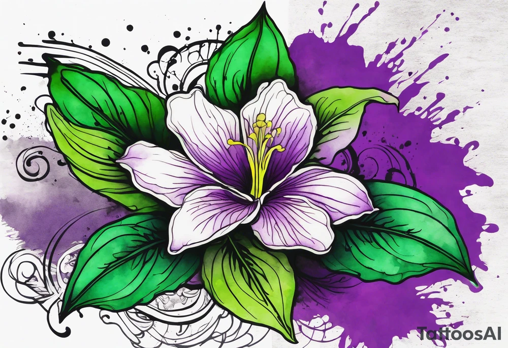 A mystical outline of a green and purple rio dipladenia flower and a green and purple watercolor splash in the background tattoo idea