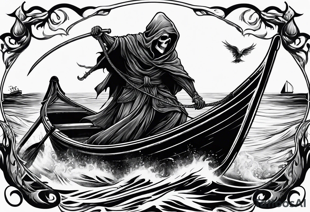 Grim reaper riding a small boat with souls underneath the boat tattoo idea