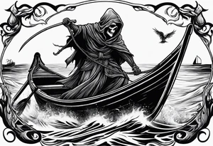 Grim reaper riding a small boat with souls underneath the boat tattoo idea