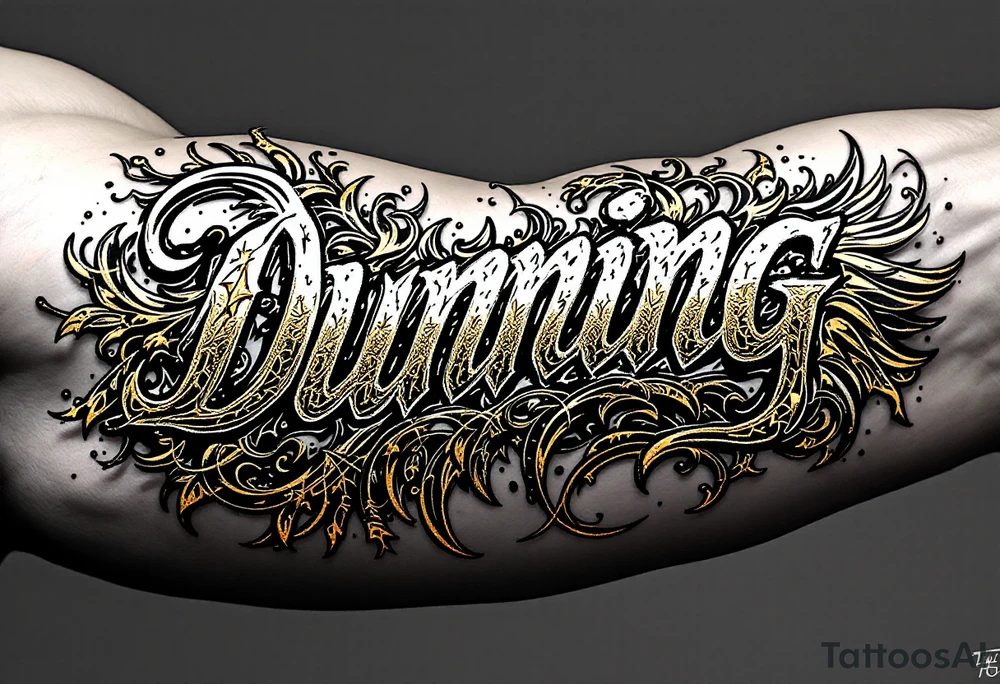 Dunning, details include bold strong font, gold highlights, theme of wealth and angel wings, taino native tattoo idea