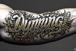 Dunning, details include bold strong font, gold highlights, theme of wealth and angel wings, taino native tattoo idea