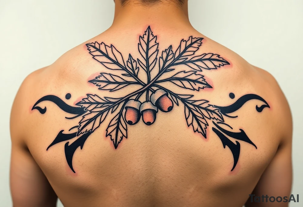 oak branch with thick leaves and acorns tattoo idea