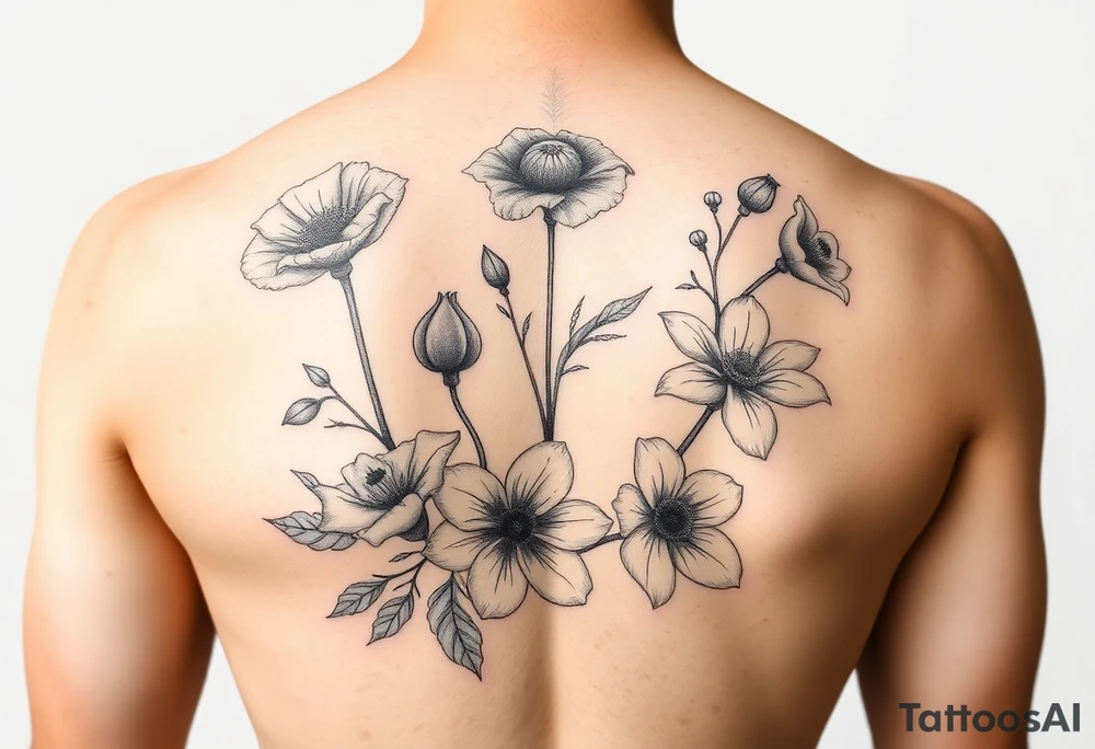 poppy, gladiolus, holly, narcissistic, poinsettia, daisy, and sweet pea tattoo idea