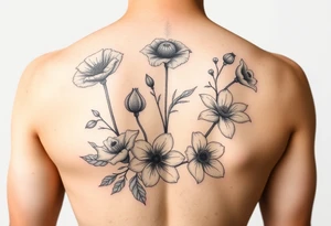 poppy, gladiolus, holly, narcissistic, poinsettia, daisy, and sweet pea tattoo idea
