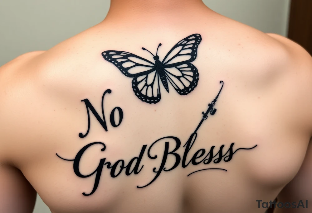 The words No Rush with a monarch butterfly in the same tatto with the words God Bless with a fishing pole. Tattoo is masculine for the upper arm tattoo idea