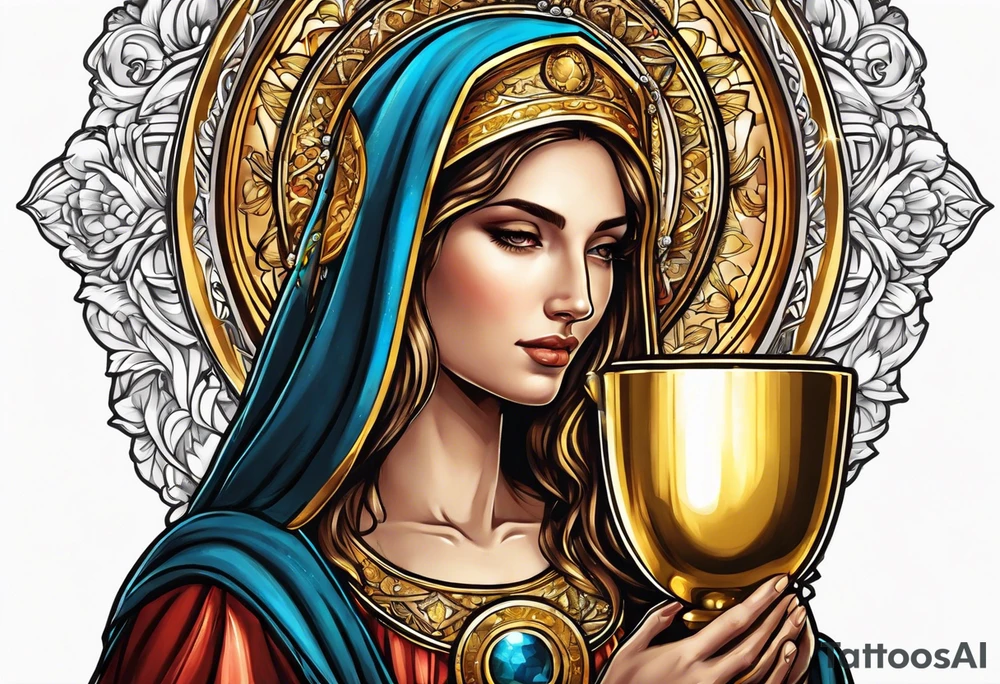 holy saint woman with golden halo holding a chalice tattoo idea