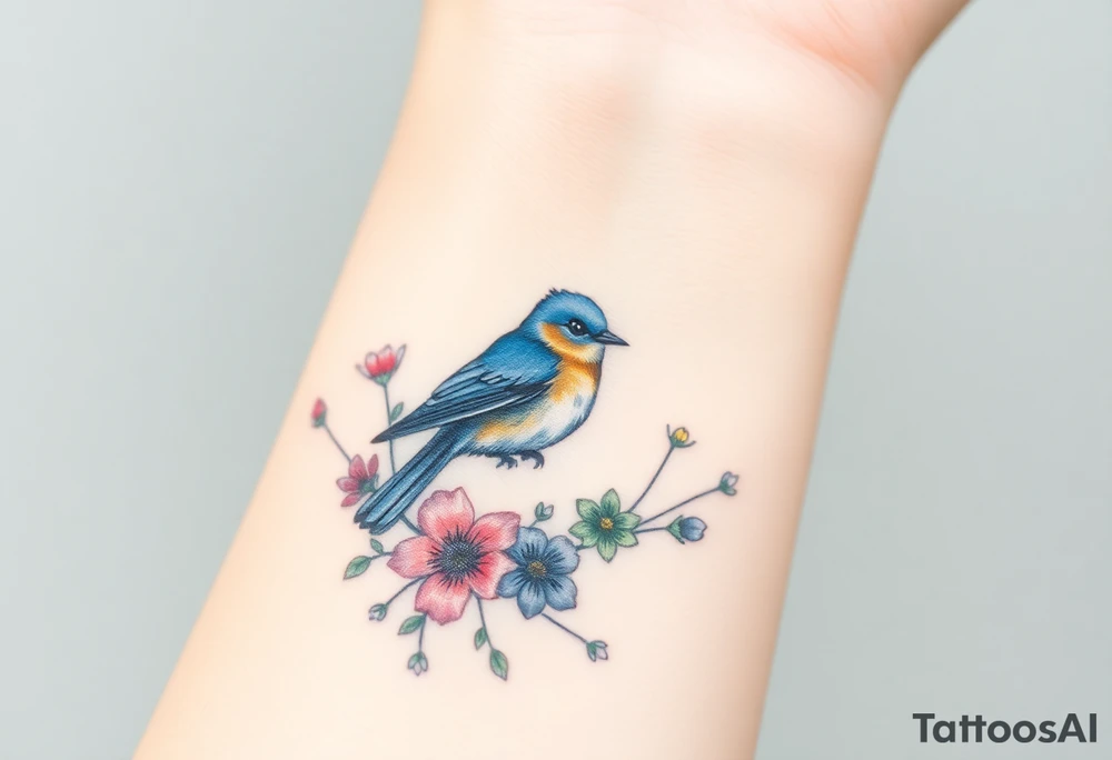 Puffy bluebird surrounded by wild flowers tattoo idea