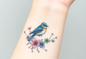 Puffy bluebird surrounded by wild flowers tattoo idea