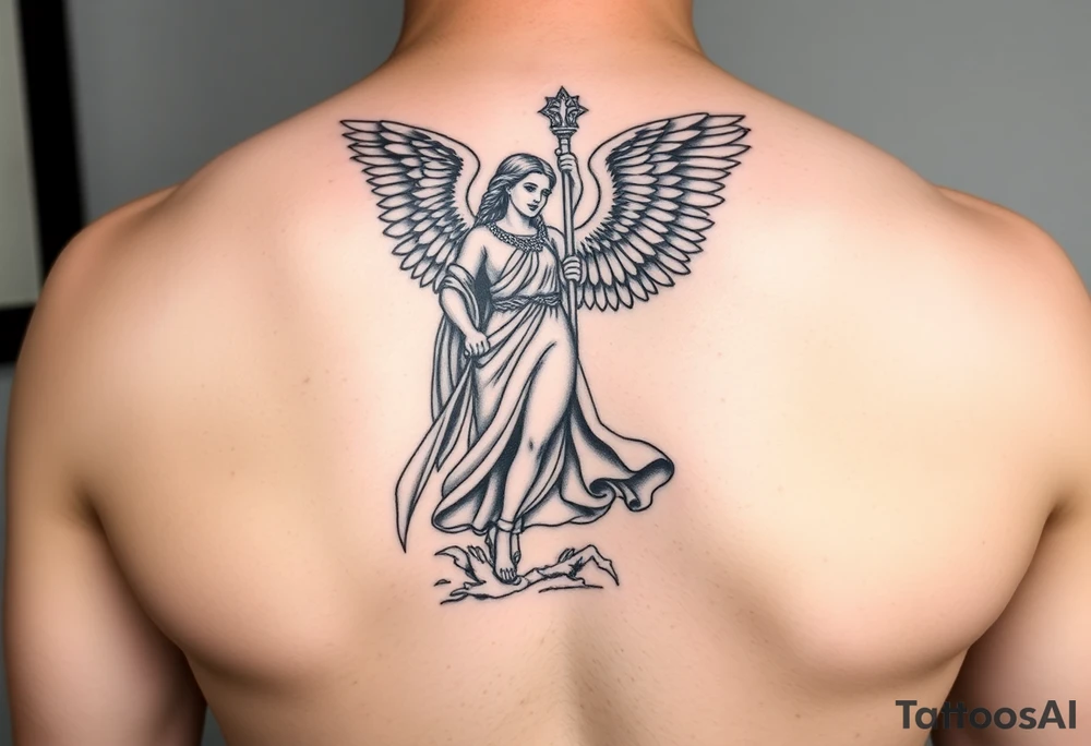 Male guardian angel lifting up female coast guard officer for protection religious statue tattoo idea