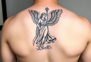 Male guardian angel lifting up female coast guard officer for protection religious statue tattoo idea