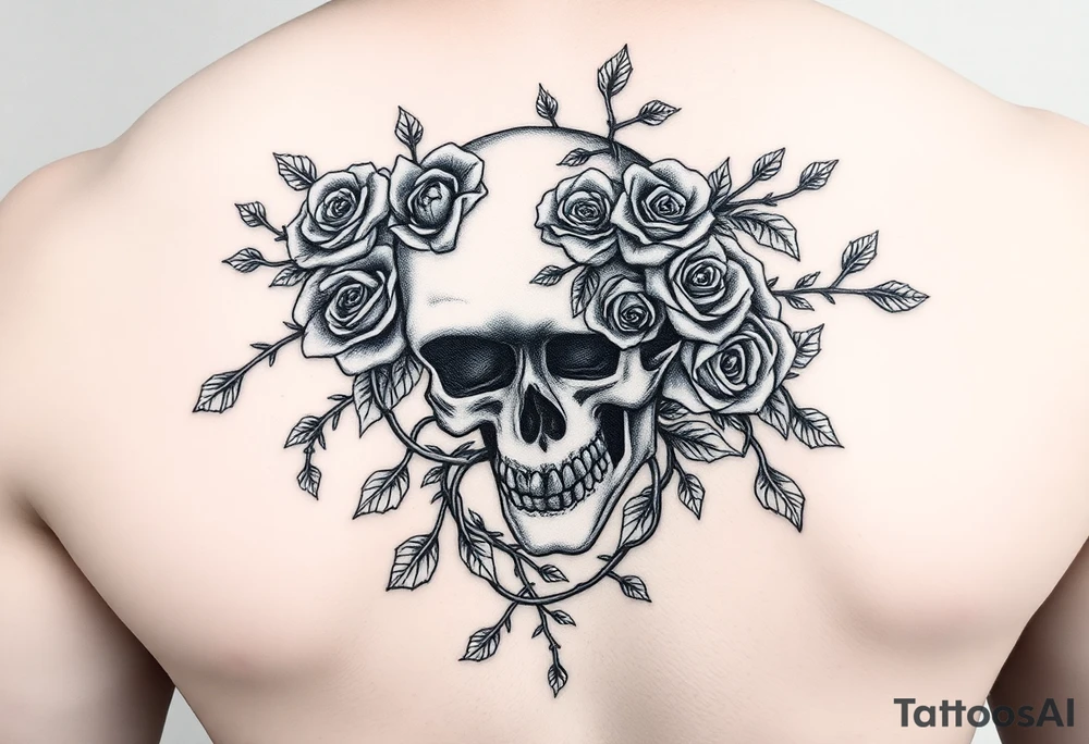gothic skull intertwined with climbing roses and thorny vines tattoo idea