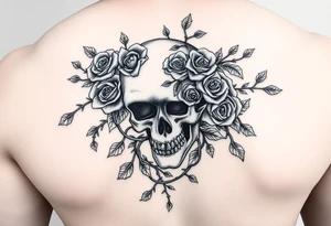gothic skull intertwined with climbing roses and thorny vines tattoo idea