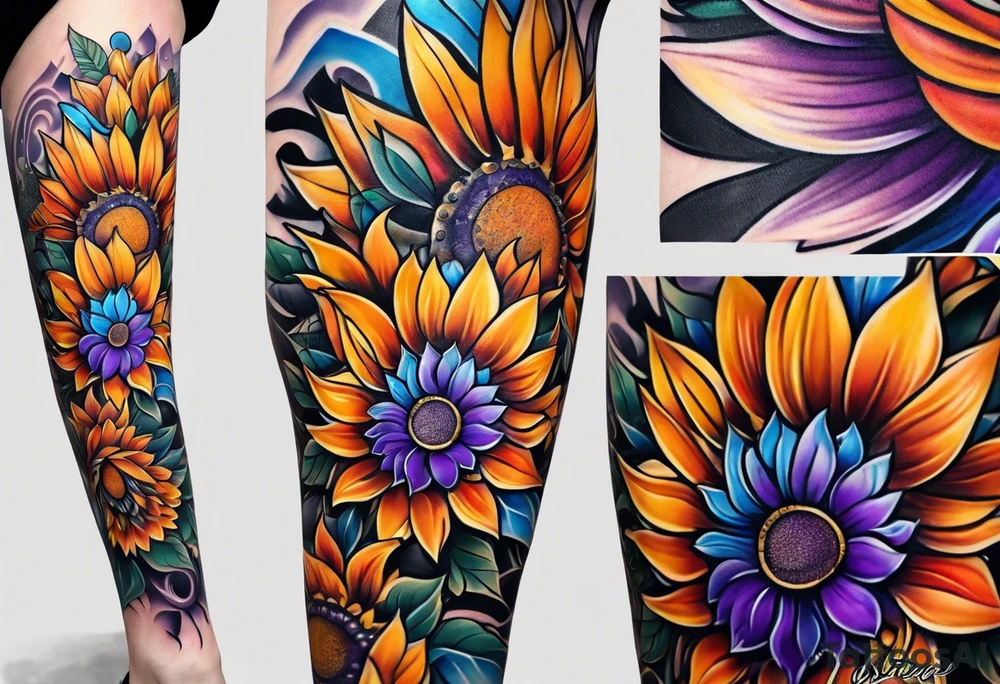 Full leg sleeve with purple, orange and blue sunflowers tattoo idea