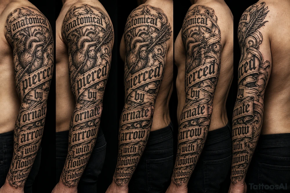 anatomical heart pierced by ornate arrow with flowing ribbons tattoo idea