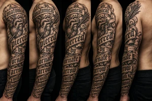anatomical heart pierced by ornate arrow with flowing ribbons tattoo idea