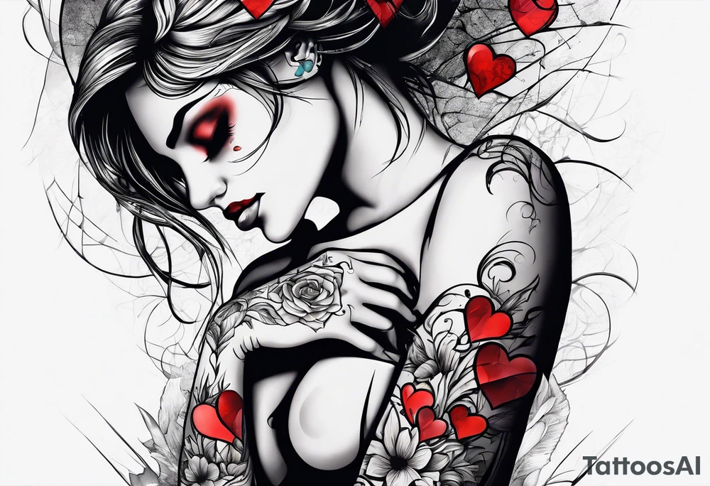 Arm sleeve depicting broken heart, pain suffering and loneliness tattoo idea