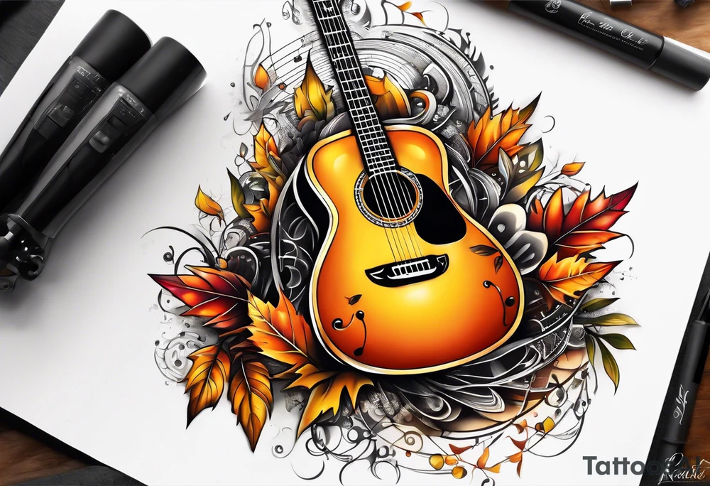 thigh tattoo with fall colors music notation symbols and a guitar tattoo idea