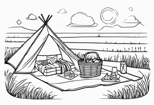 Very light and minimalstic picnic scene on meadow. A blanket, picnic-basket with lid, pillows and pennants. Thin lines. tattoo idea