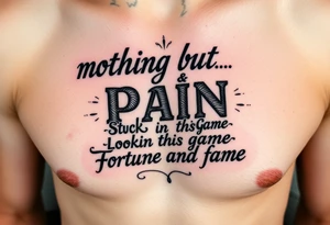 Gangster tattoo with the text” nothing but pain stuck in this game lookin for Fortune and fame” tattoo idea