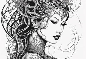 Hajime Sorayama type blended with HR Giger alien woman with vines tattoo idea