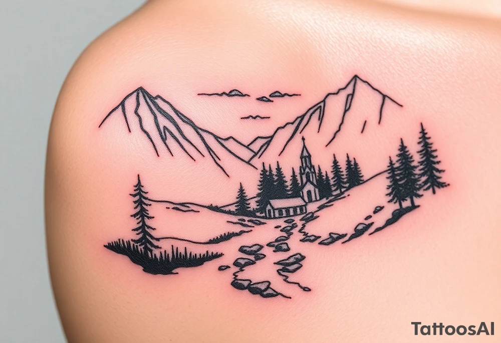 Mountainous valley with creek and a few trees with a Russian orthodox kazan scene tattoo idea