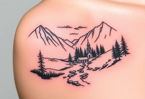Mountainous valley with creek and a few trees with a Russian orthodox kazan scene tattoo idea