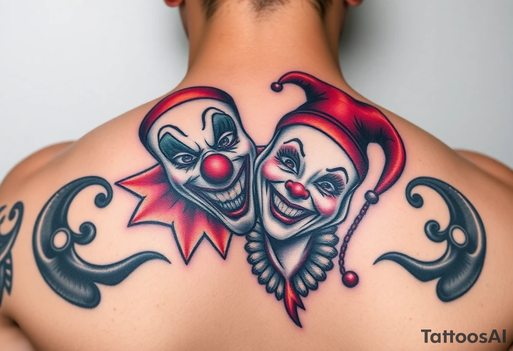 jester clown behind female jester making her smile tattoo idea