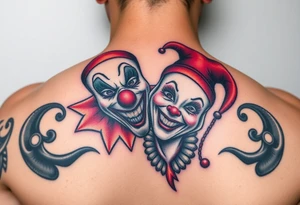 jester clown behind female jester making her smile tattoo idea