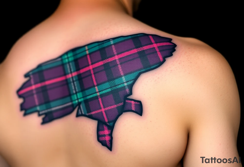 Dark Purple with green pink blue and white highlights tartan fabric on bicep with skin ripping away to reveal tartan underneath tattoo idea