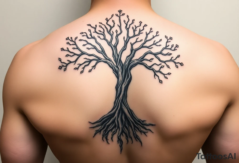 mystical tree of life with cosmic roots and celestial branches tattoo idea
