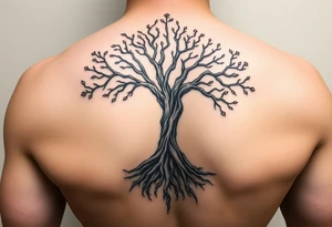 mystical tree of life with cosmic roots and celestial branches tattoo idea