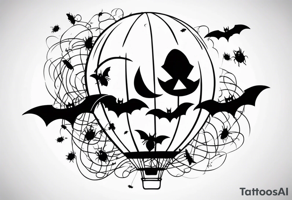 penny wise face on a floating balloon with spiders crawling on the balloon and bats flying around tattoo idea