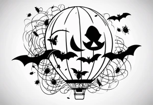 penny wise face on a floating balloon with spiders crawling on the balloon and bats flying around tattoo idea