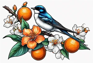 swallow lifting off from an orange blossom branch tattoo idea