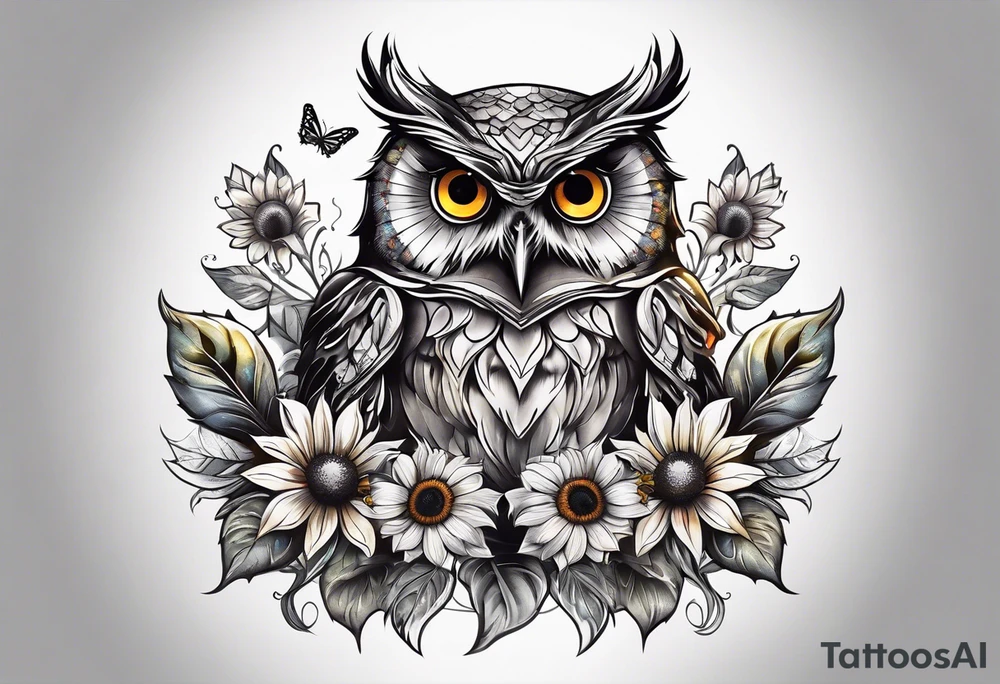 Small owl with butterfly and sunflower leg sleeve tattoo idea