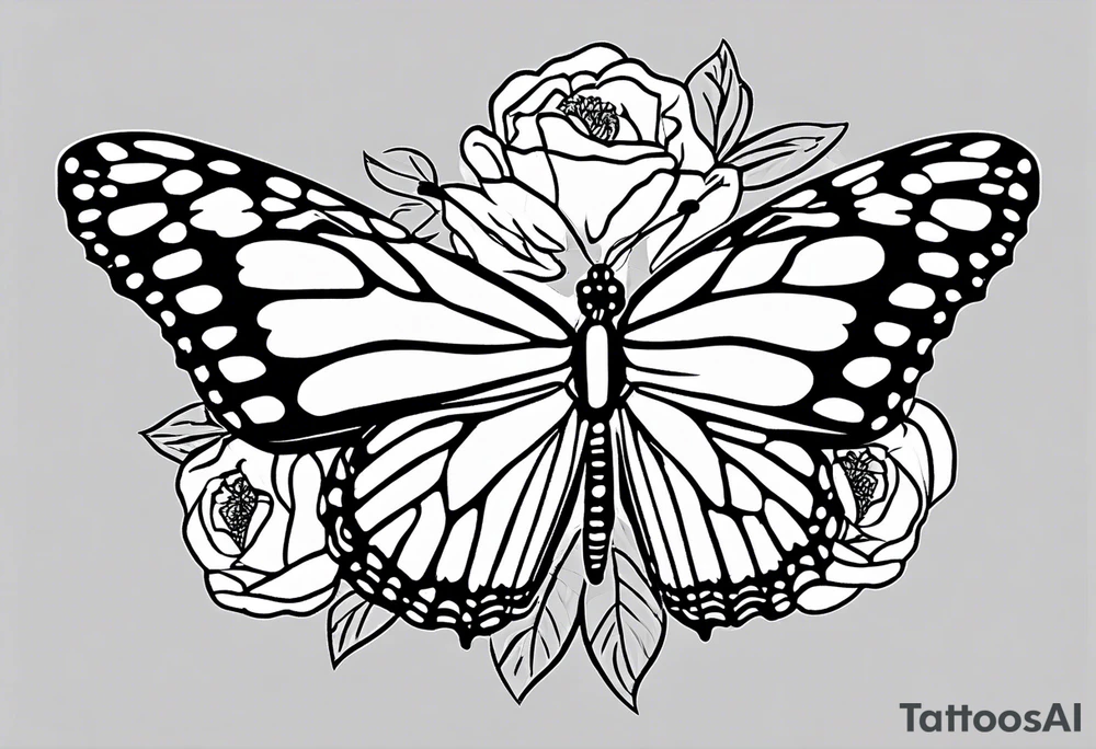 Create a black and white fine line tattoo design of a monarch butterfly, with poppy flowers exclusively inside the top halves of the wings. The butterfly’s wings should act as a frame for the flowers, clearly showing the flowers within the outline of the wings. The design should feature minimalistic and elegant lines, with intricate details on the flowers, while the bottom halves of the wings should remain simple to highlight the top sections. tattoo idea