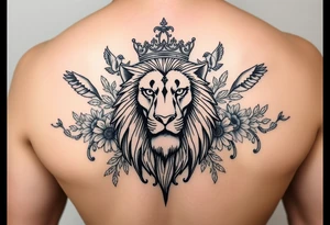 powerful majestic lion with a crown, surrounded by floral ornaments and birds tattoo idea