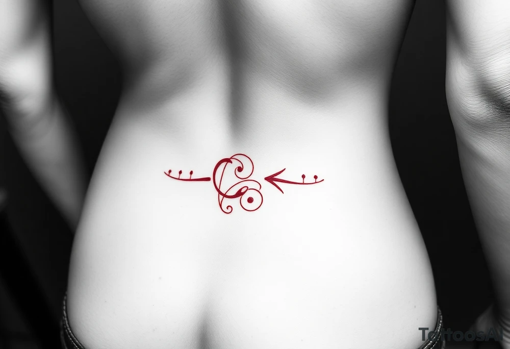 “-... .-. .- . .- .-.. ....... -.. .- .-- --- --- -.. .......” with dainty girly swirl design in red ink on female hip bone front view tattoo idea